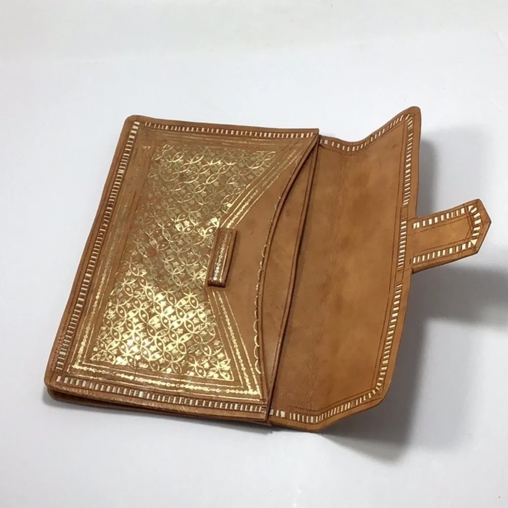 Vintage Moroccan Hand-Tooled Tooled Leather Gold Leaf Clutch & Wallet.
